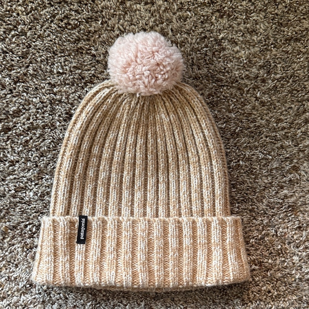 Patagonia Tan Beanie with Pink Pom-Pom